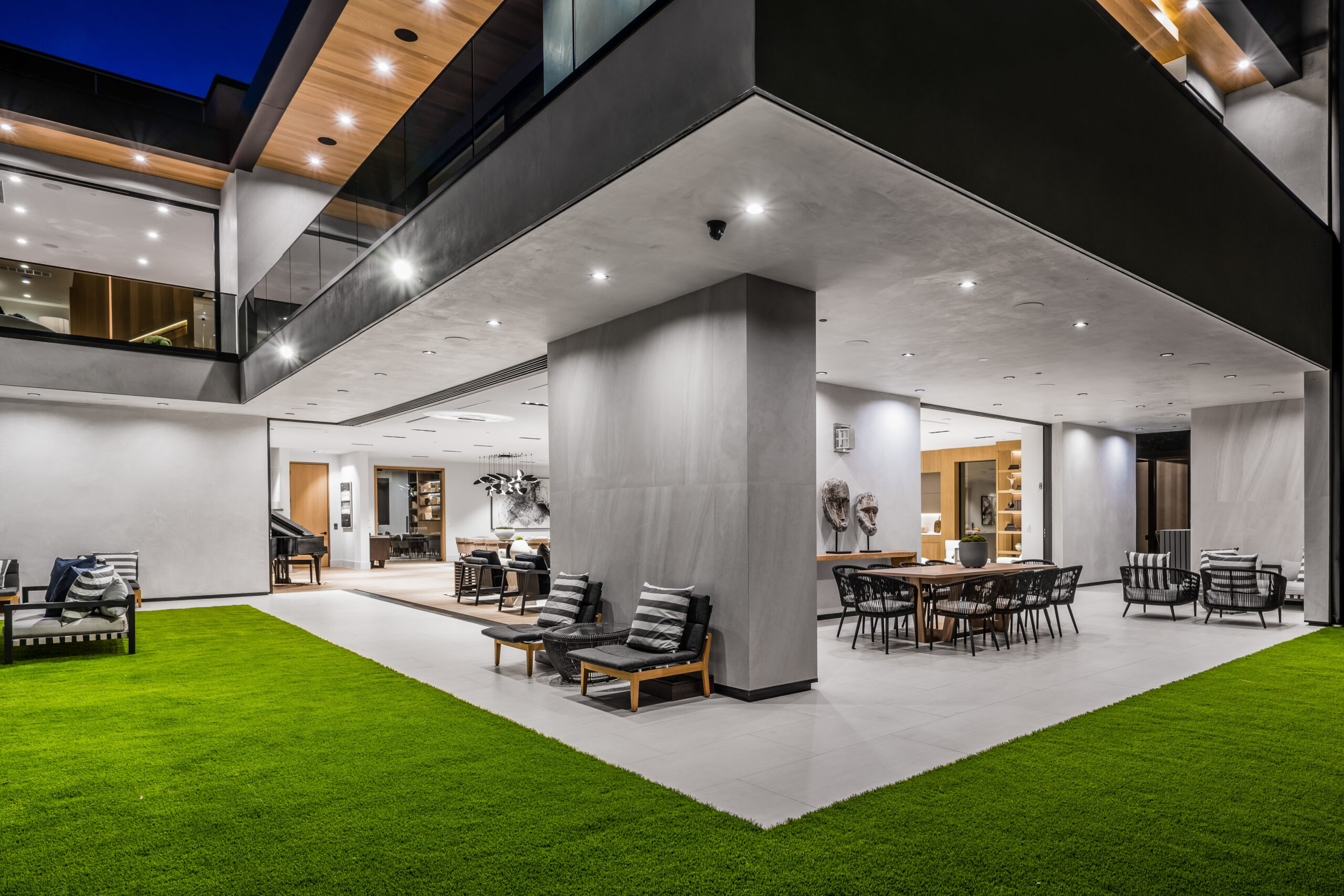 Scenic view of an outdoor patio surrounded by trees.